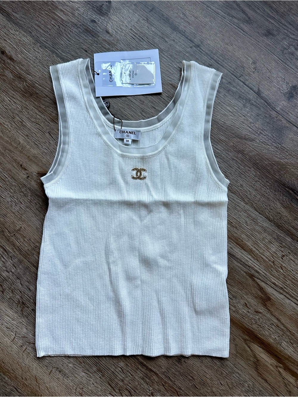 CHANEL Cream Ribbed Tank Top with Gold CC Logo